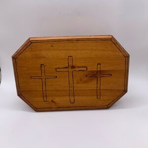 Vtg. Hand Made Hinged Wooden Octagon Keepsake Box With Wood Burn Crosses & Trim